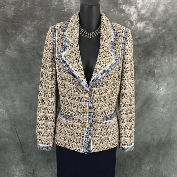NWT NEW St John knit Fawn blue white beige multi jacket skirt suit size 8 10 - Picture 3 of 8